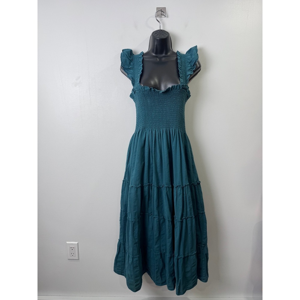 Hill House Women Teal Ellie Nap Dress Smocked Ruffle Tiered Midi Medium